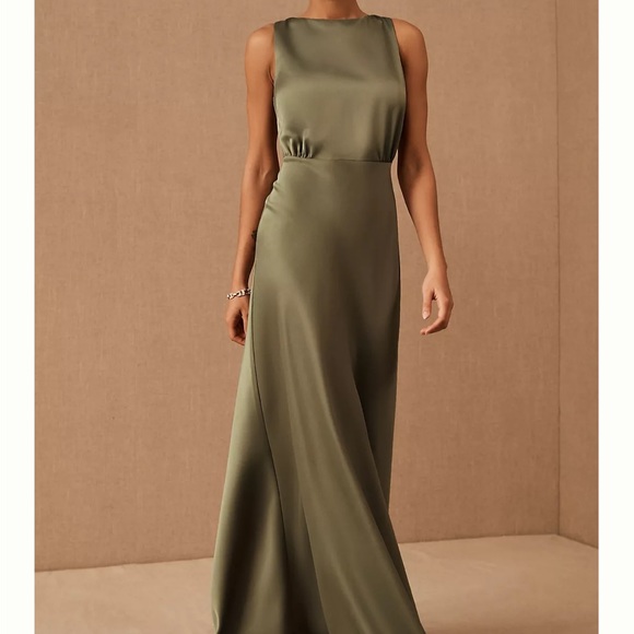 BHLDN Beckett Satin Charmeuse maxi dress in green holiday party evening - Picture 1 of 11